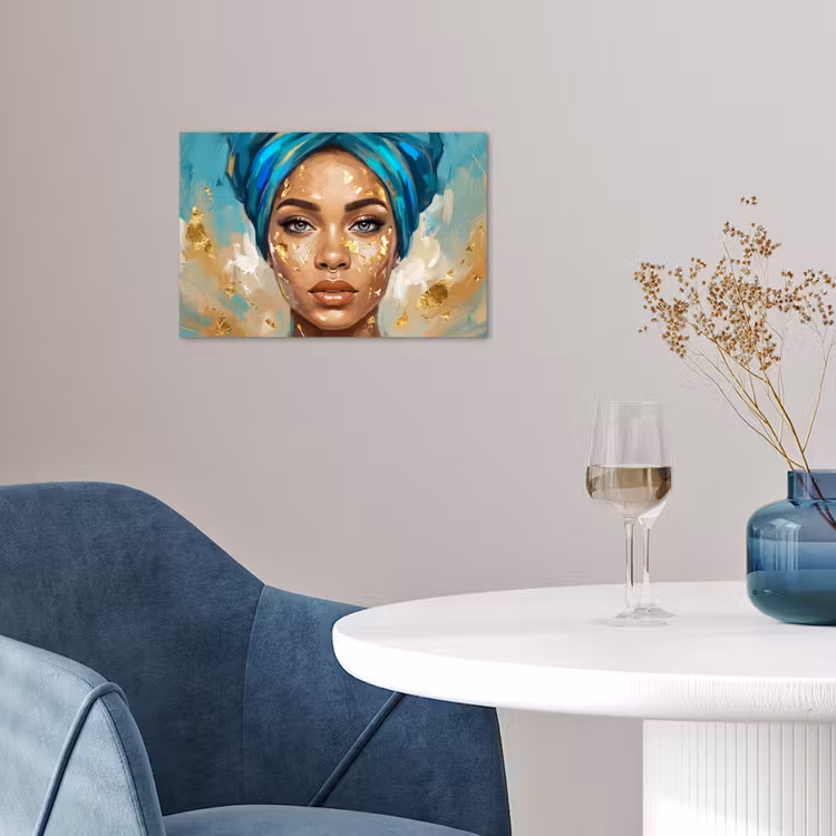 Poster - Portret - Vrouw - Schilderij - Blauw - Goud - Expressief — 4