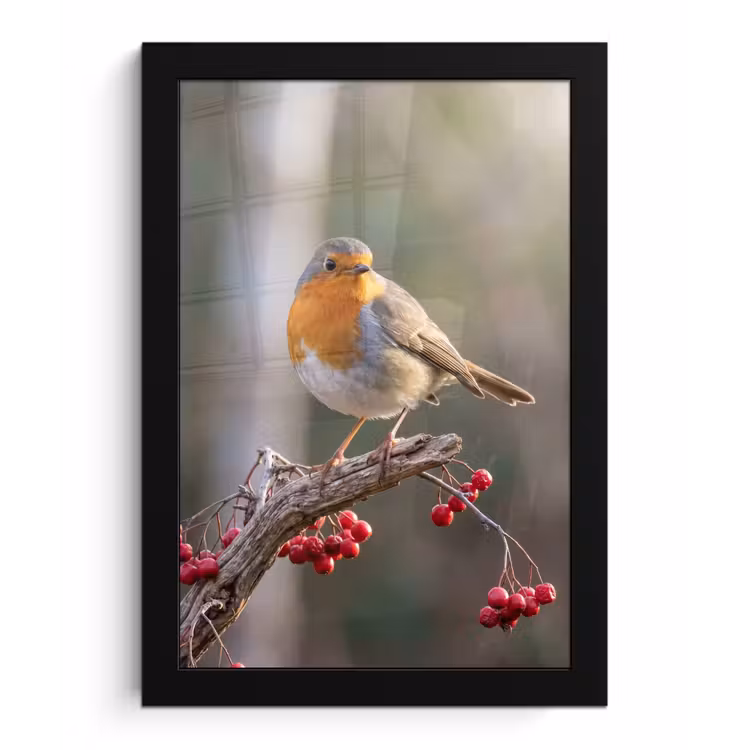 Poster met lijst - Roodborst - Tak - Bessen - Natuur — 1