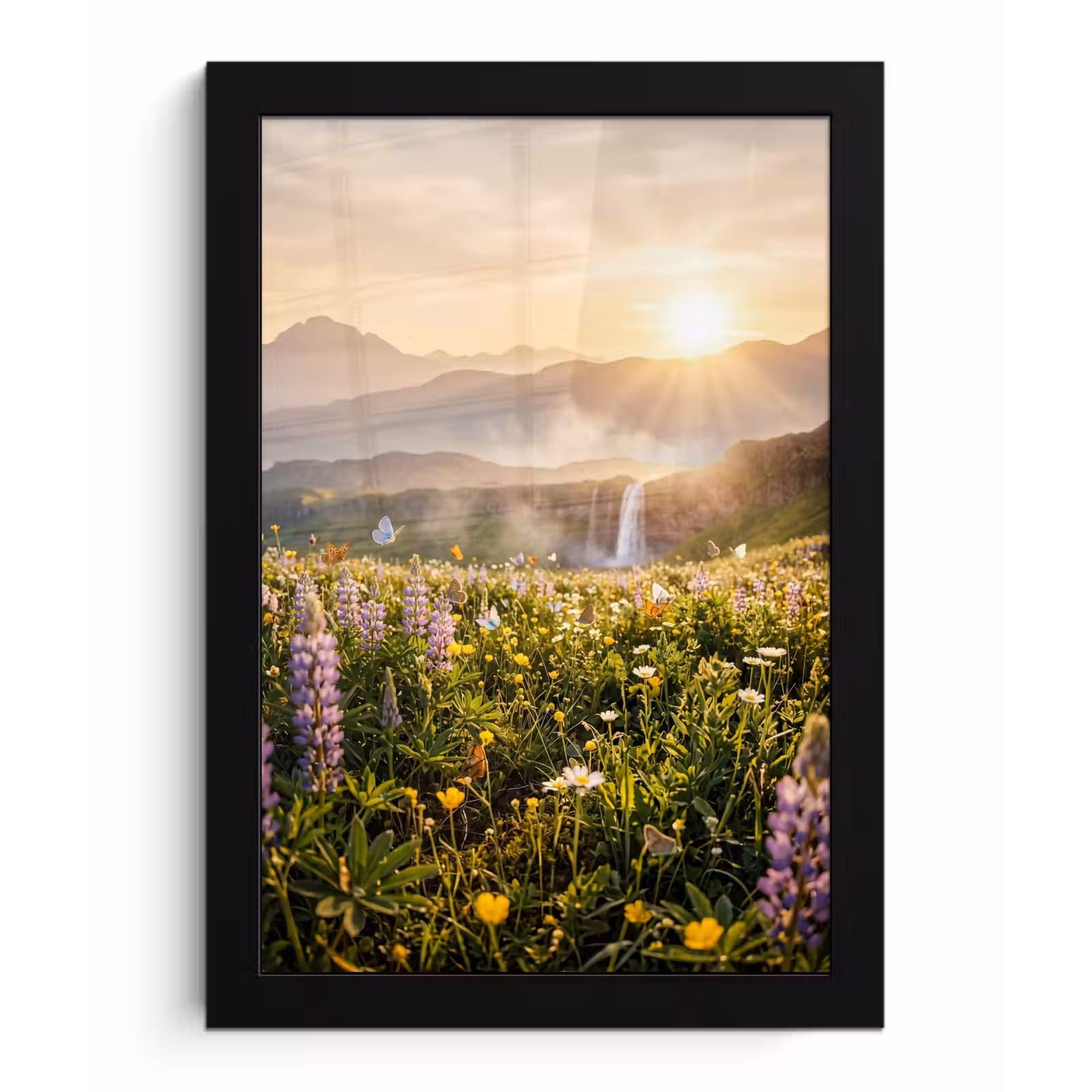 Poster met lijst - Vlinders - Waterval - Bloemenveld — 1
