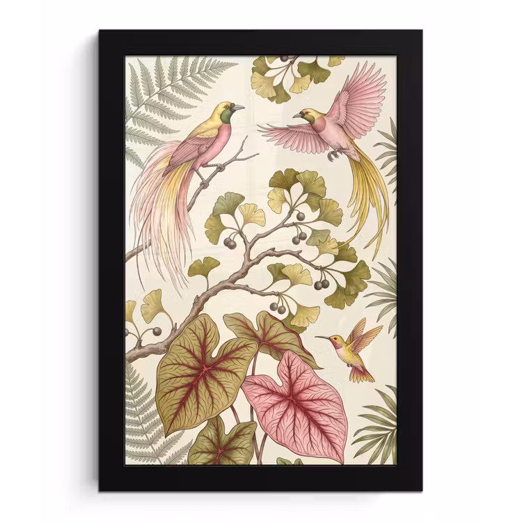 Poster met lijst - Vogels - Tropisch - Botanisch - Roze — 1