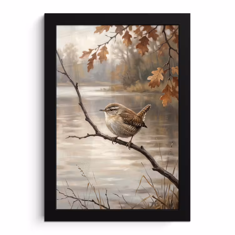 Poster met lijst - Winterkoninkje - Tak - Rivier - Natuur - Sfeervol — 1