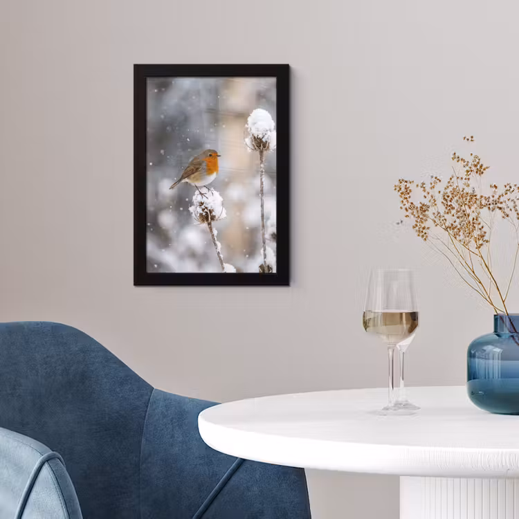 Poster met lijst - Roodborstje - Gedroogde bloem - Sneeuw - Winter - Vertederend — 2