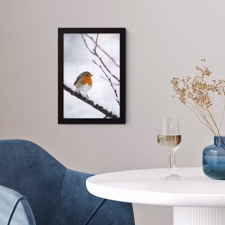 Poster met lijst - Roodborstje - Tak - Sneeuw - Winter - Levendig — 2