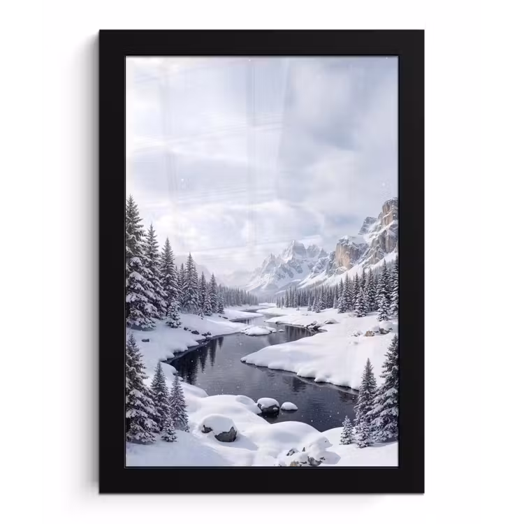 Poster met lijst - Sneeuwlandschap - Bergen - Rivier - Winter — 1