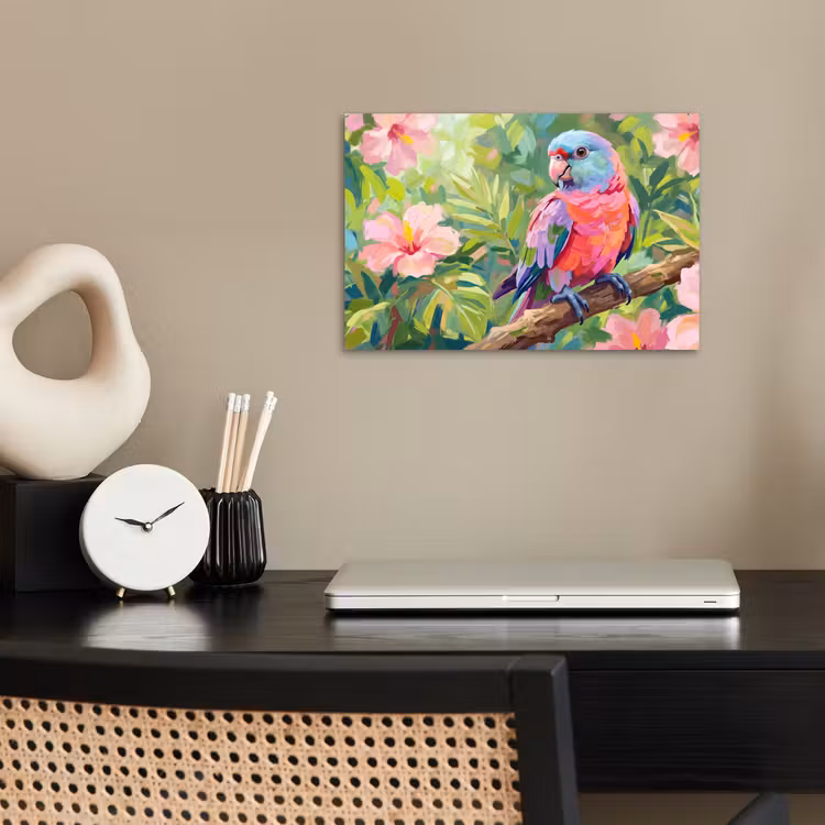 Poster - Papagaai - Hibiscusbloemen - Kleurrijk — 2