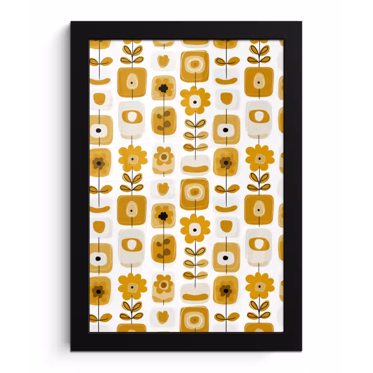 Poster met lijst - Retro - Abstract - Bloemen - Okergeel — 1