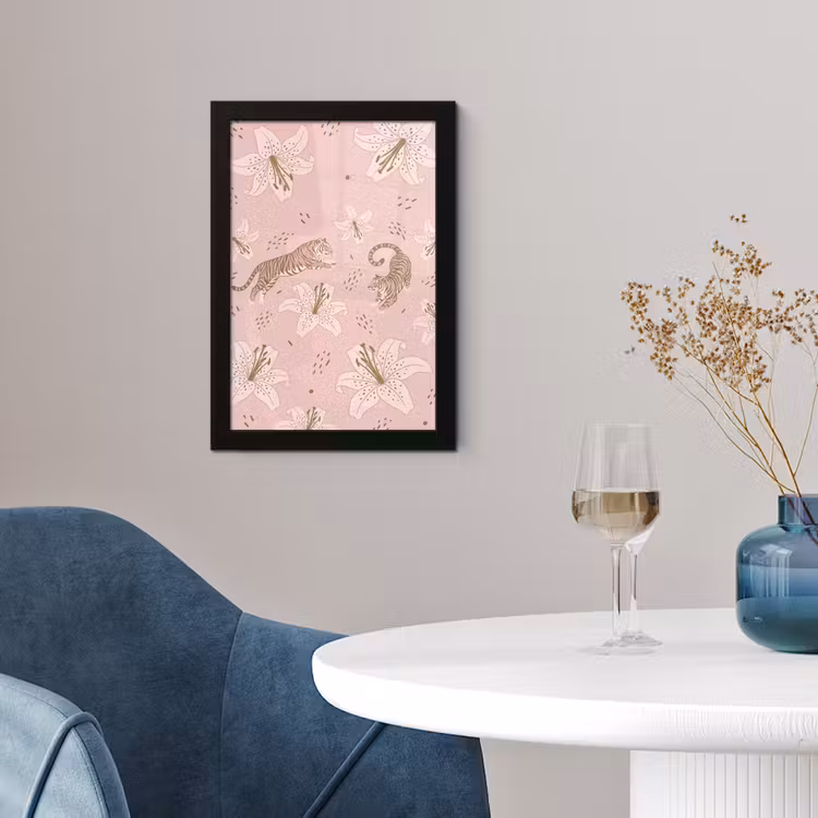 Poster met lijst - Kat - Springend - Bloemen - Abstract - Roze — 2