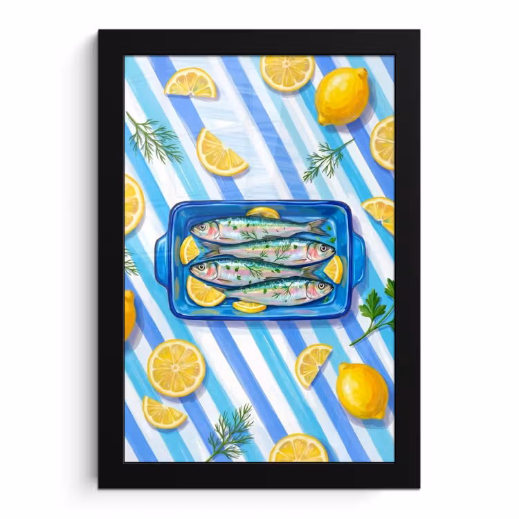 Poster met lijst - Vis - Citroen - Kruiden - Eten - Blauw — 1