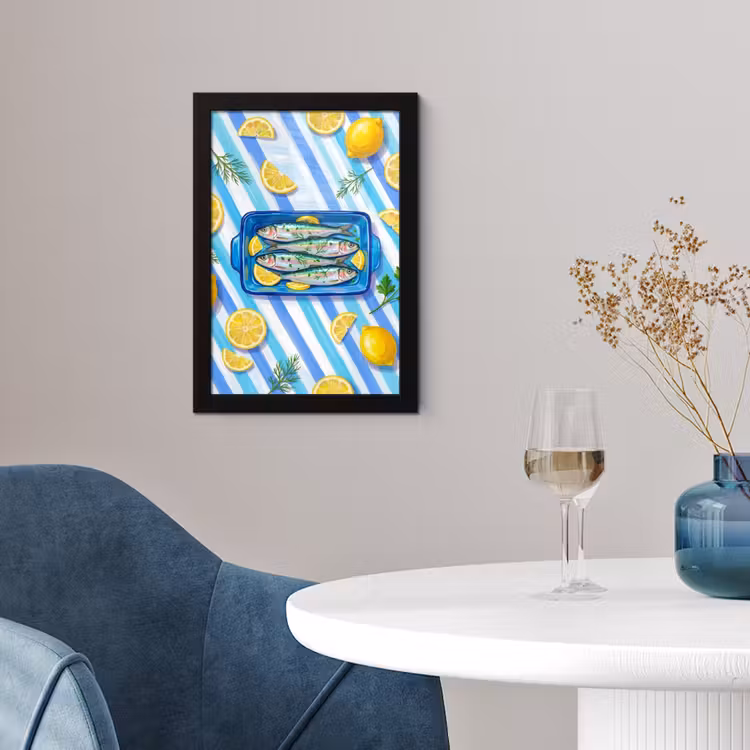 Poster met lijst - Vis - Citroen - Kruiden - Eten - Blauw — 2