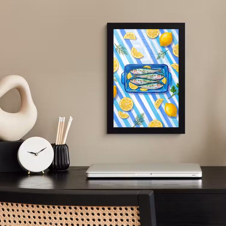 Poster met lijst - Vis - Citroen - Kruiden - Eten - Blauw — 3