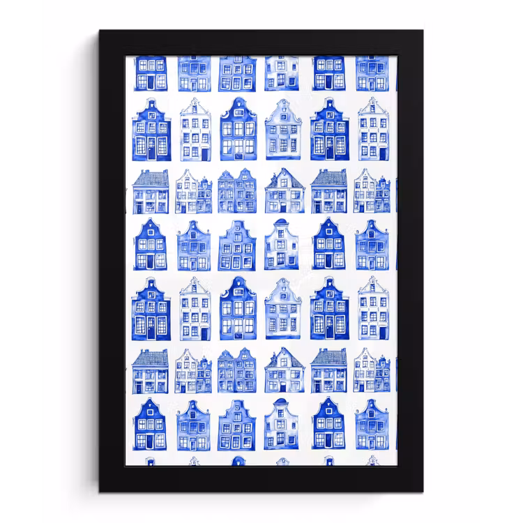 Poster met lijst - Patroon - Huizen - Blauw — 1
