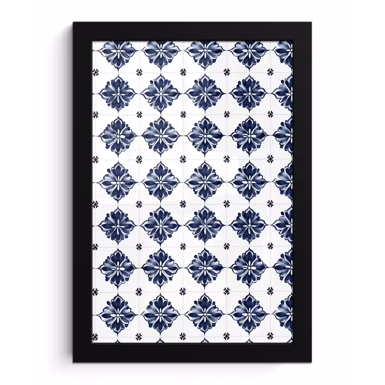 Poster met lijst - Tegelmotief - Blauw - Wit - Bloem — 1