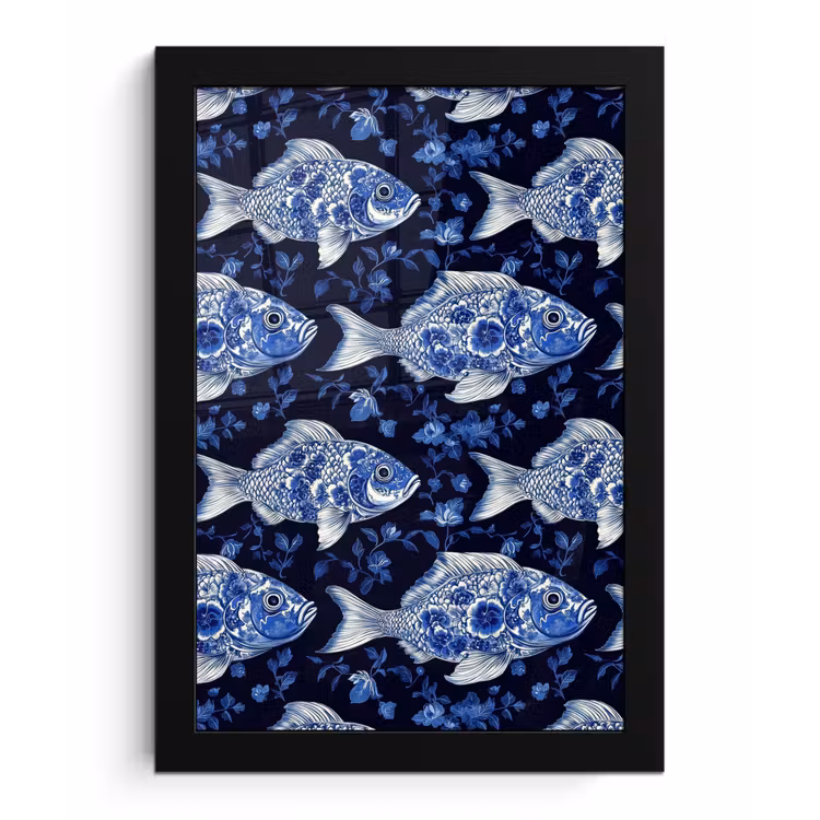 Poster met lijst - Vissen - Bloemen - Blauw — 1