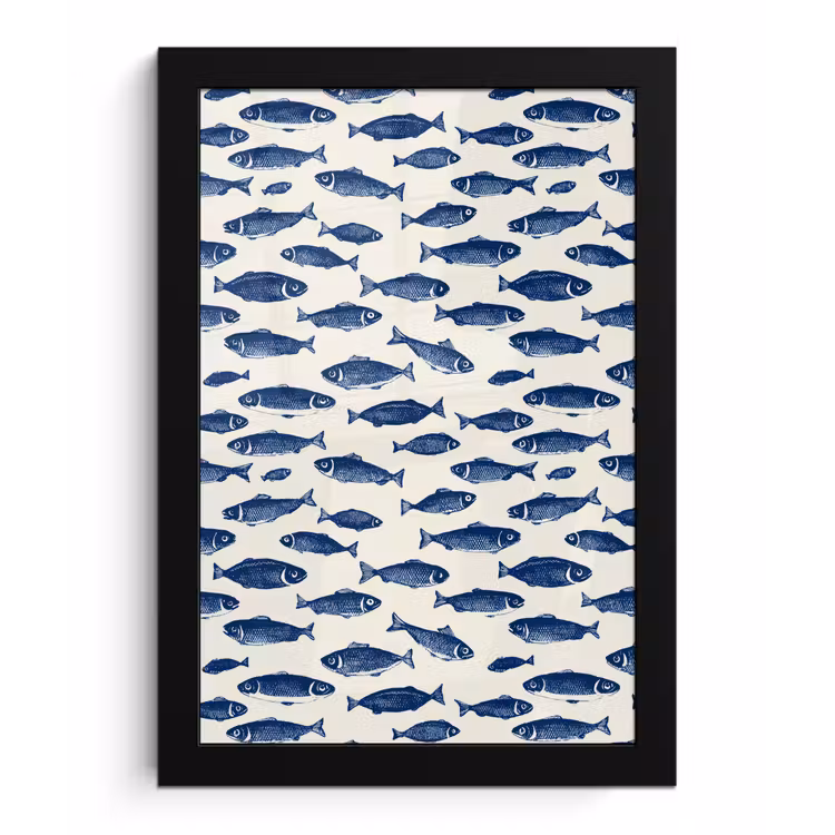 Poster met lijst - Vissen - Patroon - Blauw - Wit — 1