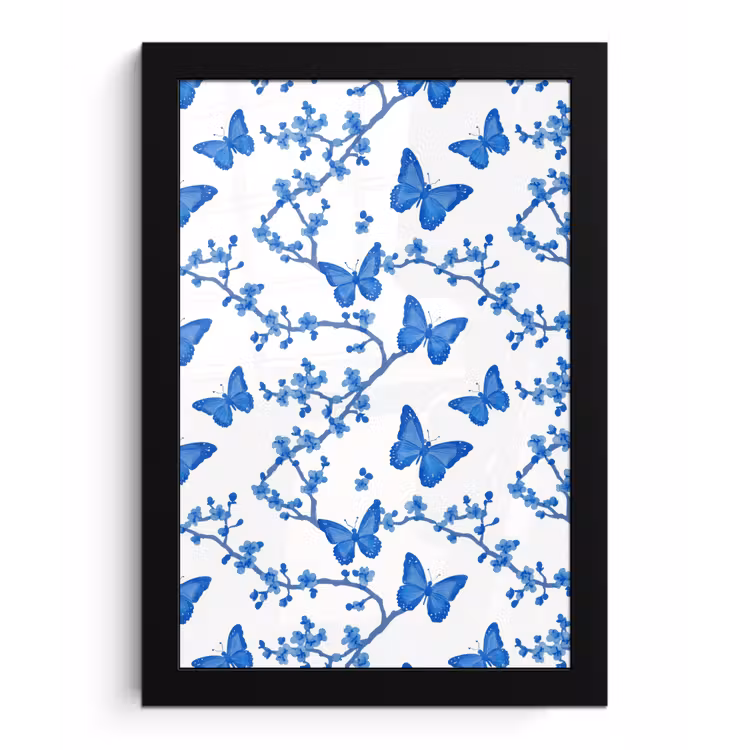 Poster met lijst - Vlinder - Bloemen - Blauw — 1