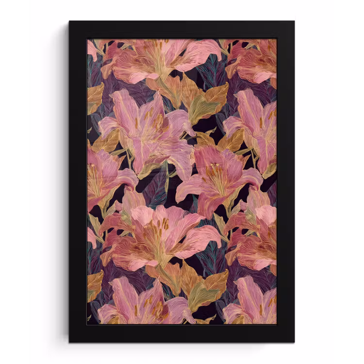 Poster met lijst - Lelies - Patroon - Roze - Goud — 1