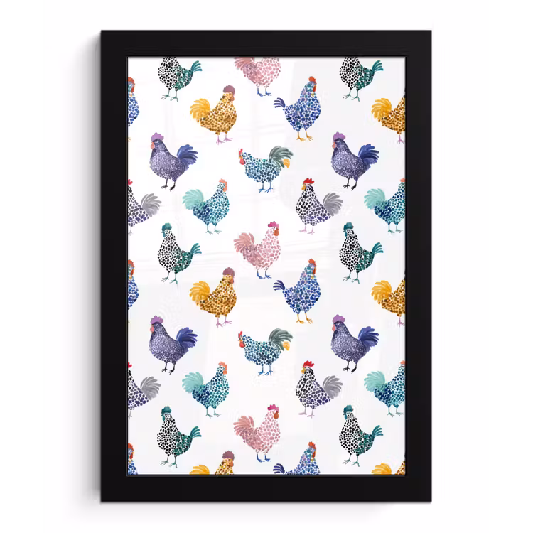 Poster met lijst - Kippen -Aquarel - Kleurrijk — 1