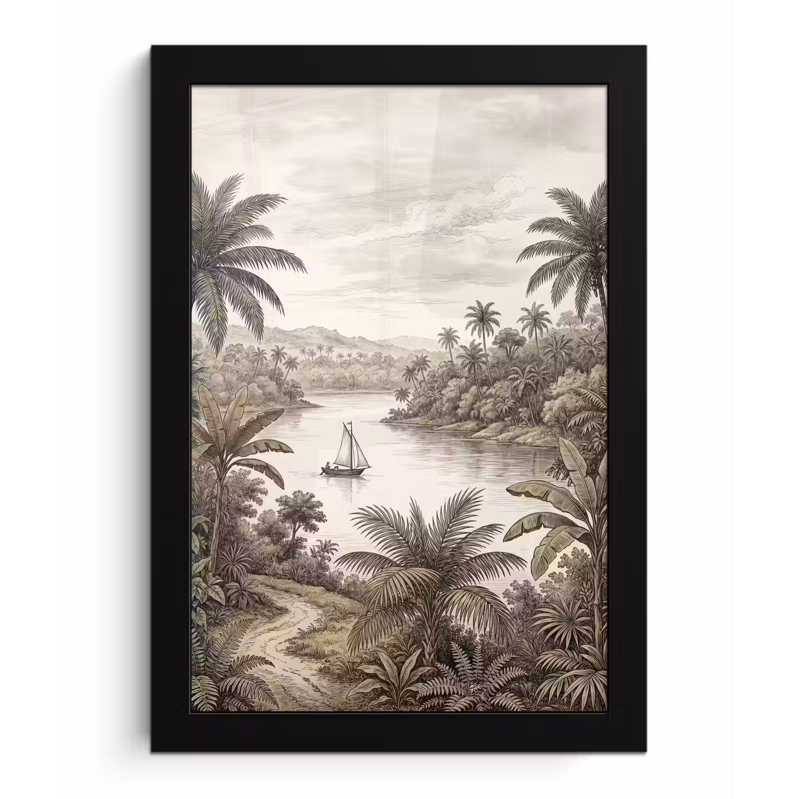 Poster met lijst - Landschap - Rivier - Boot - Tropisch - Vintage — 1