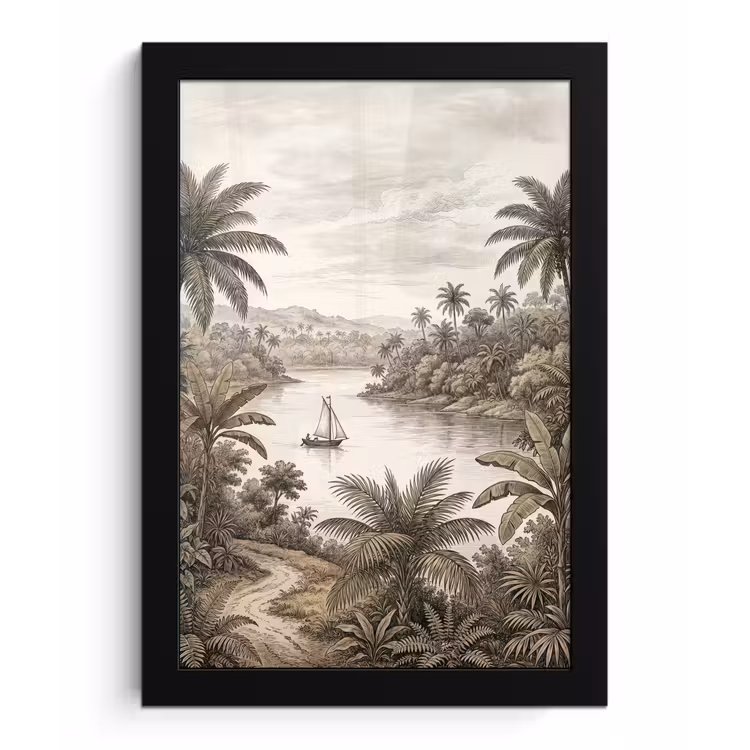 Poster met lijst - Landschap - Rivier - Boot - Tropisch - Vintage — 1