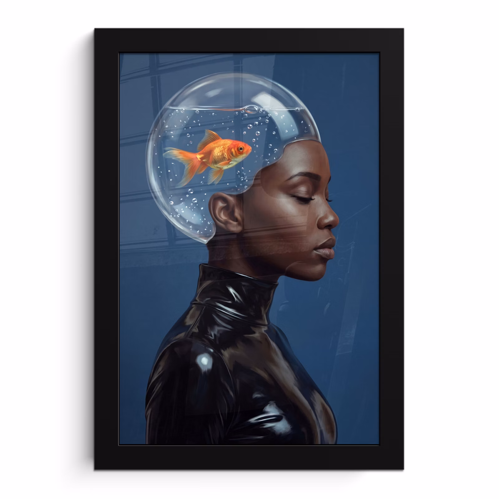 Poster met lijst - Vrouw - Goudvis - Hoofd - Abstract - Blauw — 1