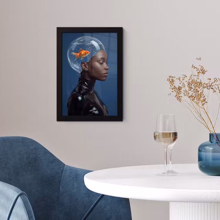 Poster met lijst - Vrouw - Goudvis - Hoofd - Abstract - Blauw — 2