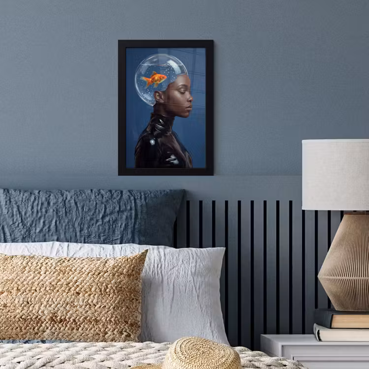 Poster met lijst - Vrouw - Goudvis - Hoofd - Abstract - Blauw — 4