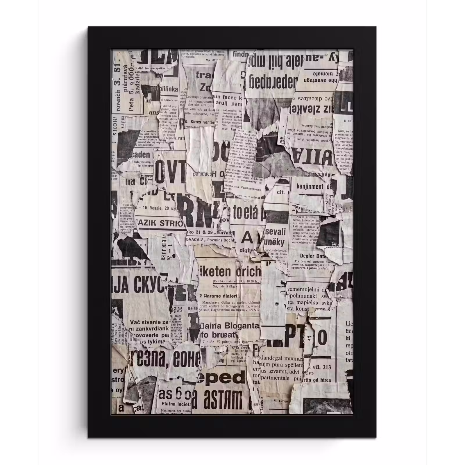 Poster met lijst - Krant - Gescheurd - Textuur - Abstract - Zwart-wit — 1