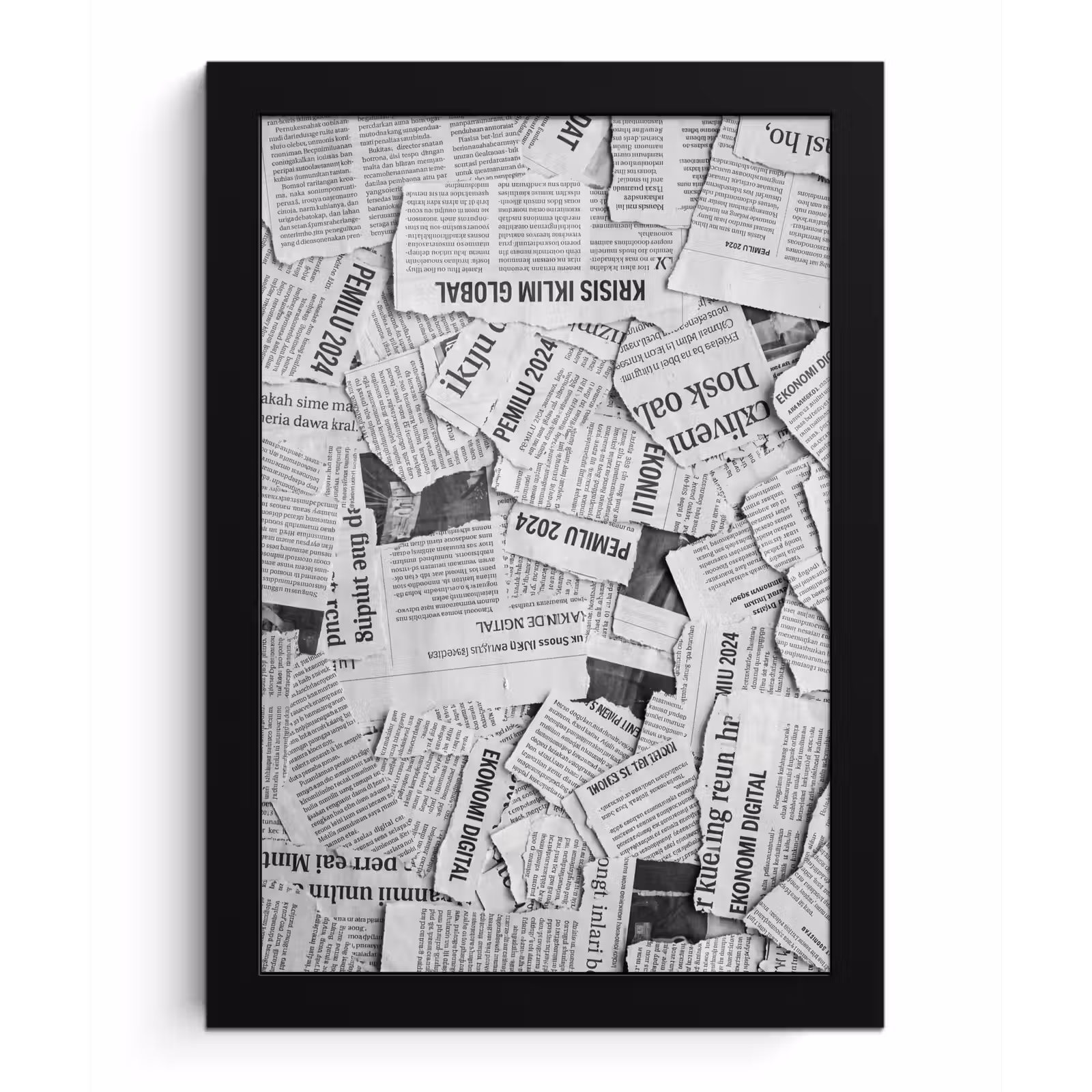 Poster met lijst - Krant - Versnipperd - Textuur - Zwart-wit - Abstract — 1