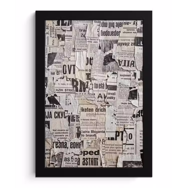 Poster met lijst - Krant - Gescheurd - Textuur - Abstract - Zwart-wit — 1
