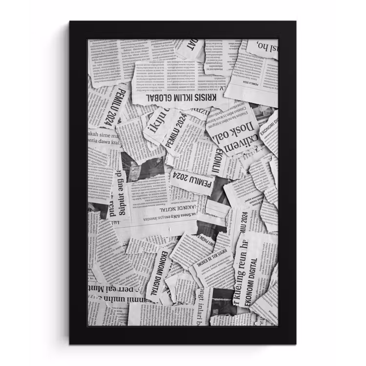 Poster met lijst - Krant - Versnipperd - Textuur - Zwart-wit - Abstract — 1