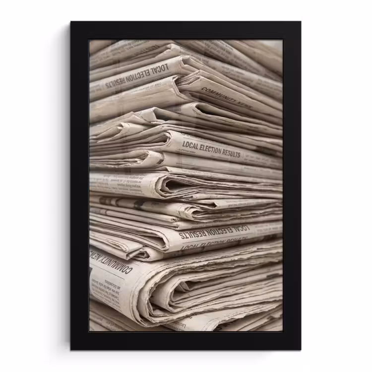 Poster met lijst - Kranten - Stapel - Nieuws - Vintage - Beige — 1