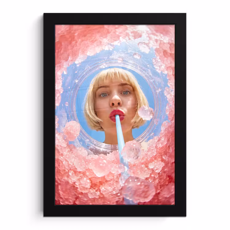 Poster met lijst - Vrouw - Drank - Zomer - Roze - Blauw — 1