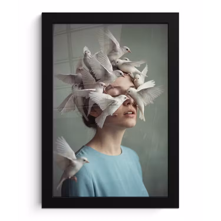 Poster met lijst - Vrouw - Vogels - Abstract - Modern - Wit — 1