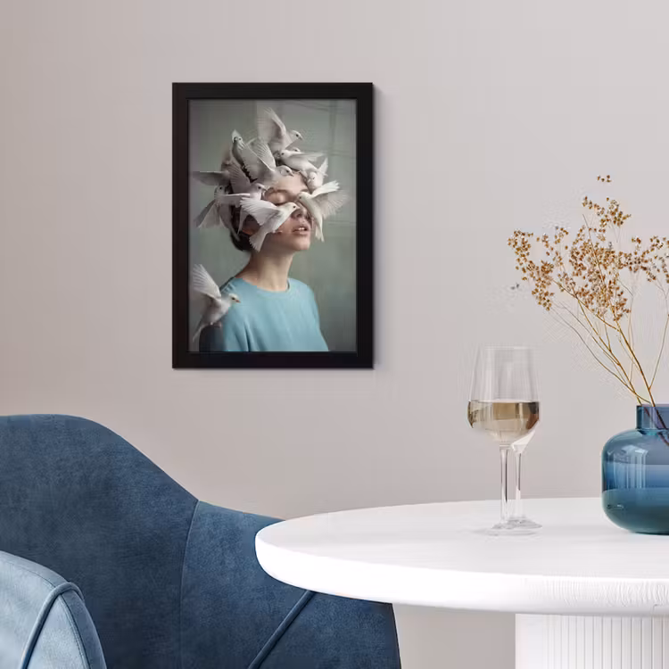Poster met lijst - Vrouw - Vogels - Abstract - Modern - Wit — 2