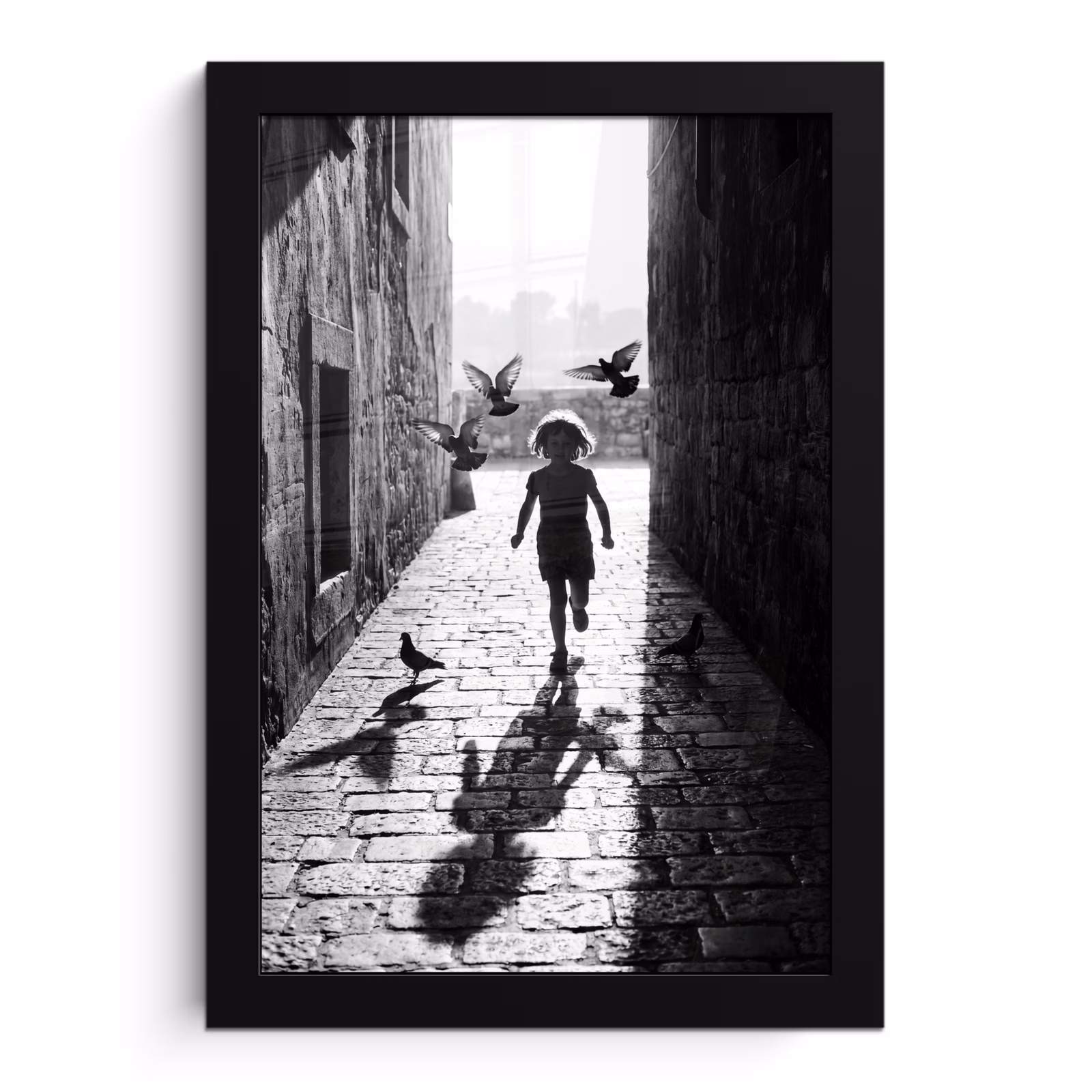 Poster met lijst - Kind - Vogel - Straat - Zwart-wit - Spelen — 1