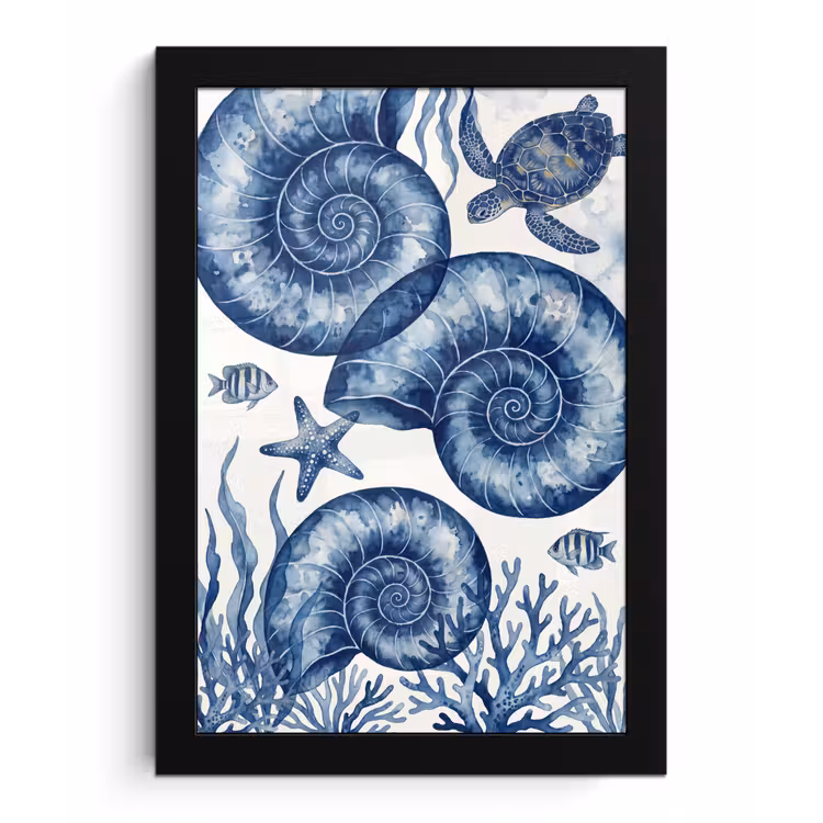 Poster met lijst - Schelp - Spiraal - Zeeleven - Aquarel - Blauw — 1