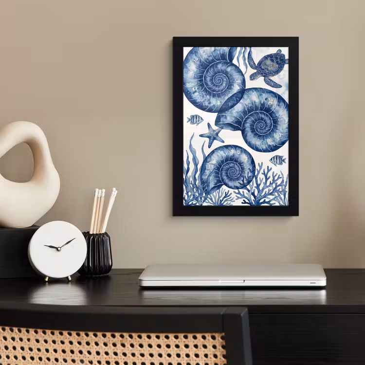 Poster met lijst - Schelp - Spiraal - Zeeleven - Aquarel - Blauw — 3