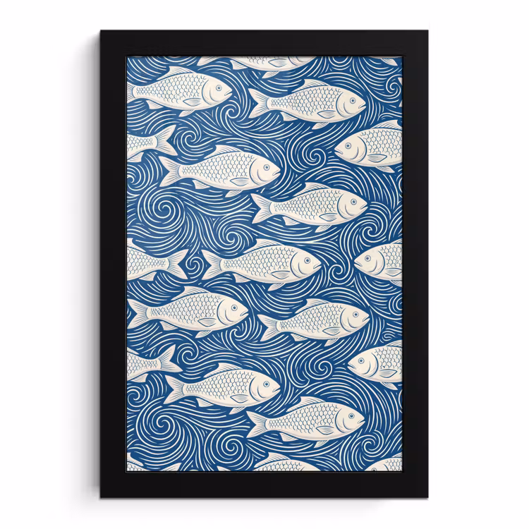 Poster met lijst - Vis - Water - Patroon - Grafisch - Blauw — 1