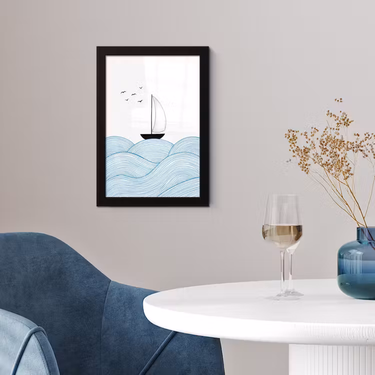 Poster met lijst - Zeilboot - Golven - Zee - Illustratie - Blauw — 2