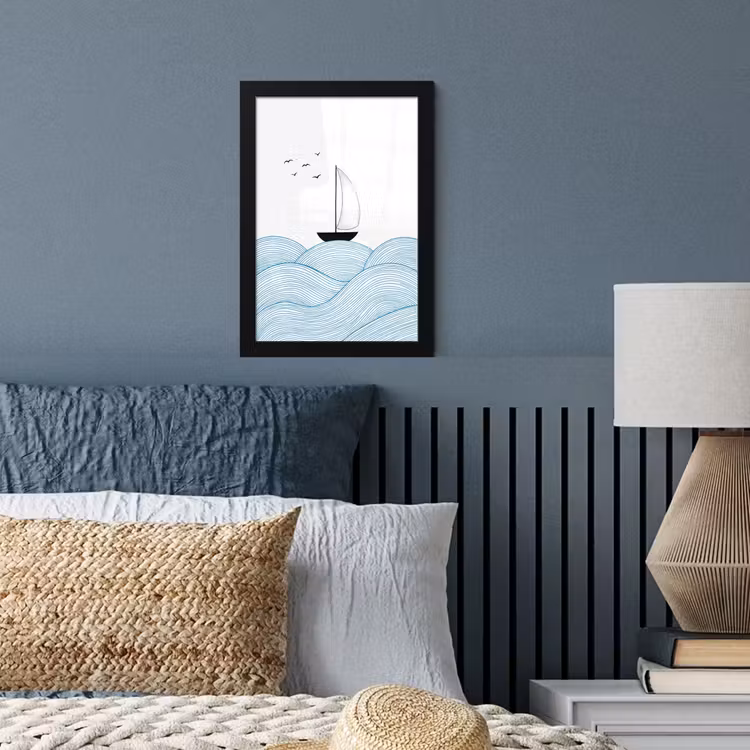 Poster met lijst - Zeilboot - Golven - Zee - Illustratie - Blauw — 4