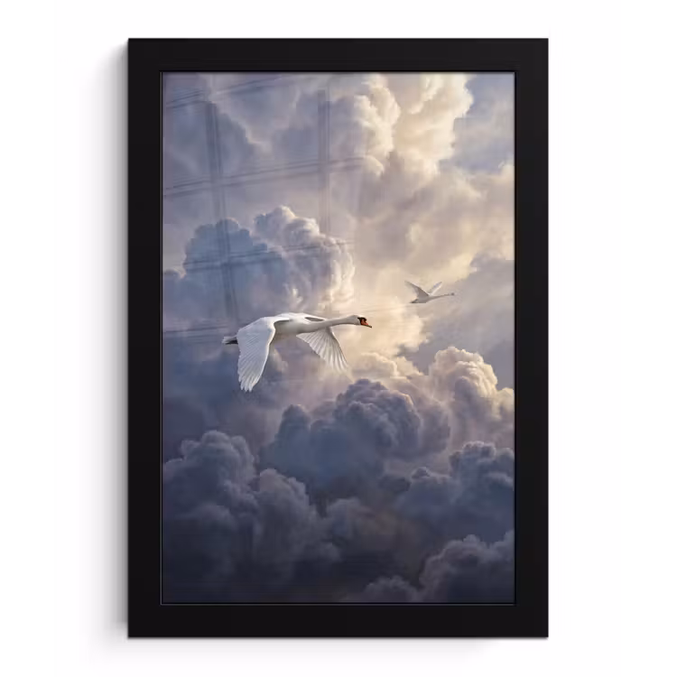 Poster met lijst - Vogel - Vliegend - Natuur - Wit - Wolken — 1