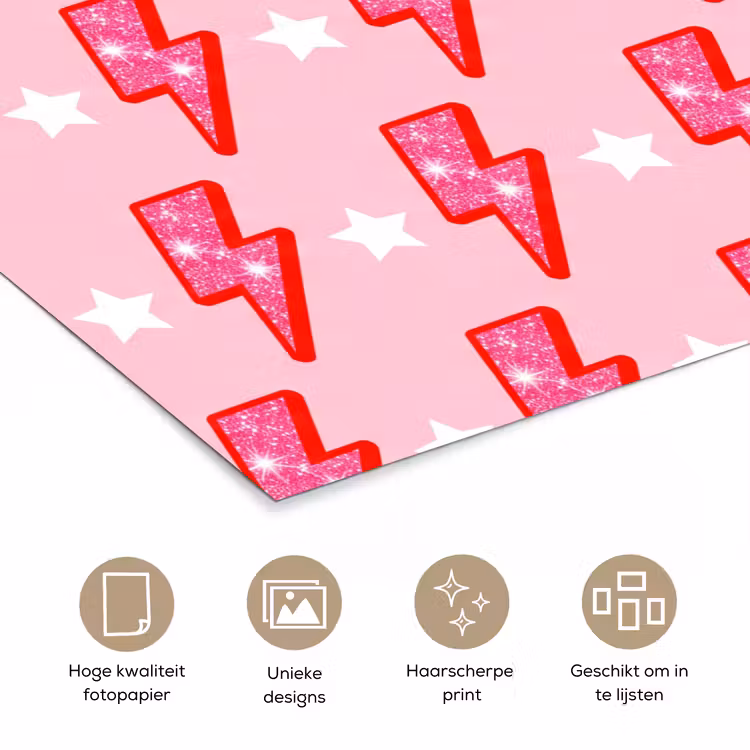 Poster - Patroon - Bliksem - Ster - Glitter - Roze — 5