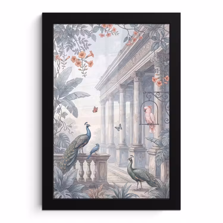 Poster met lijst - Vogel - Pauw - Architectuur - Klassiek - Groen — 1