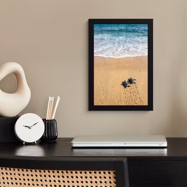 Poster met lijst - Schildpad - Jong - Strand - Oceaan - Blauw — 3