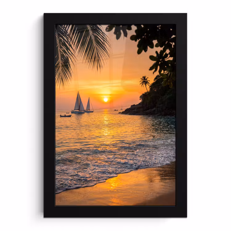 Poster met lijst - Zee - Zonsondergang - Boot - Natuur - Oranje — 1
