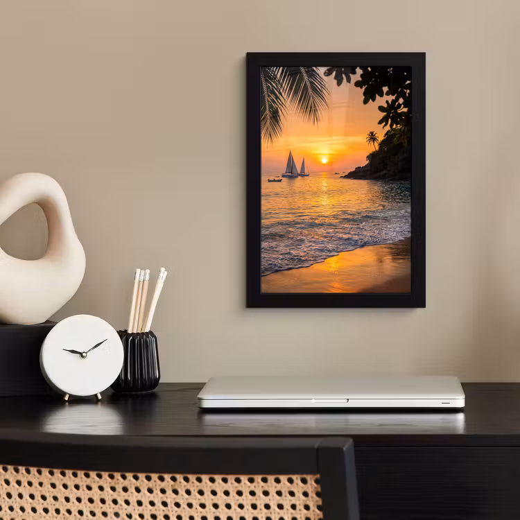 Poster met lijst - Zee - Zonsondergang - Boot - Natuur - Oranje — 3