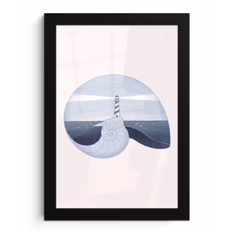 Poster met lijst - Vuurtoren - Zee - Schelp - Abstract - Blauw — 1