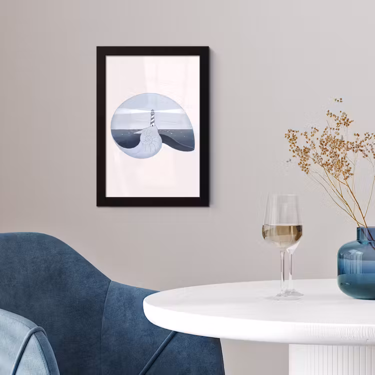 Poster met lijst - Vuurtoren - Zee - Schelp - Abstract - Blauw — 2