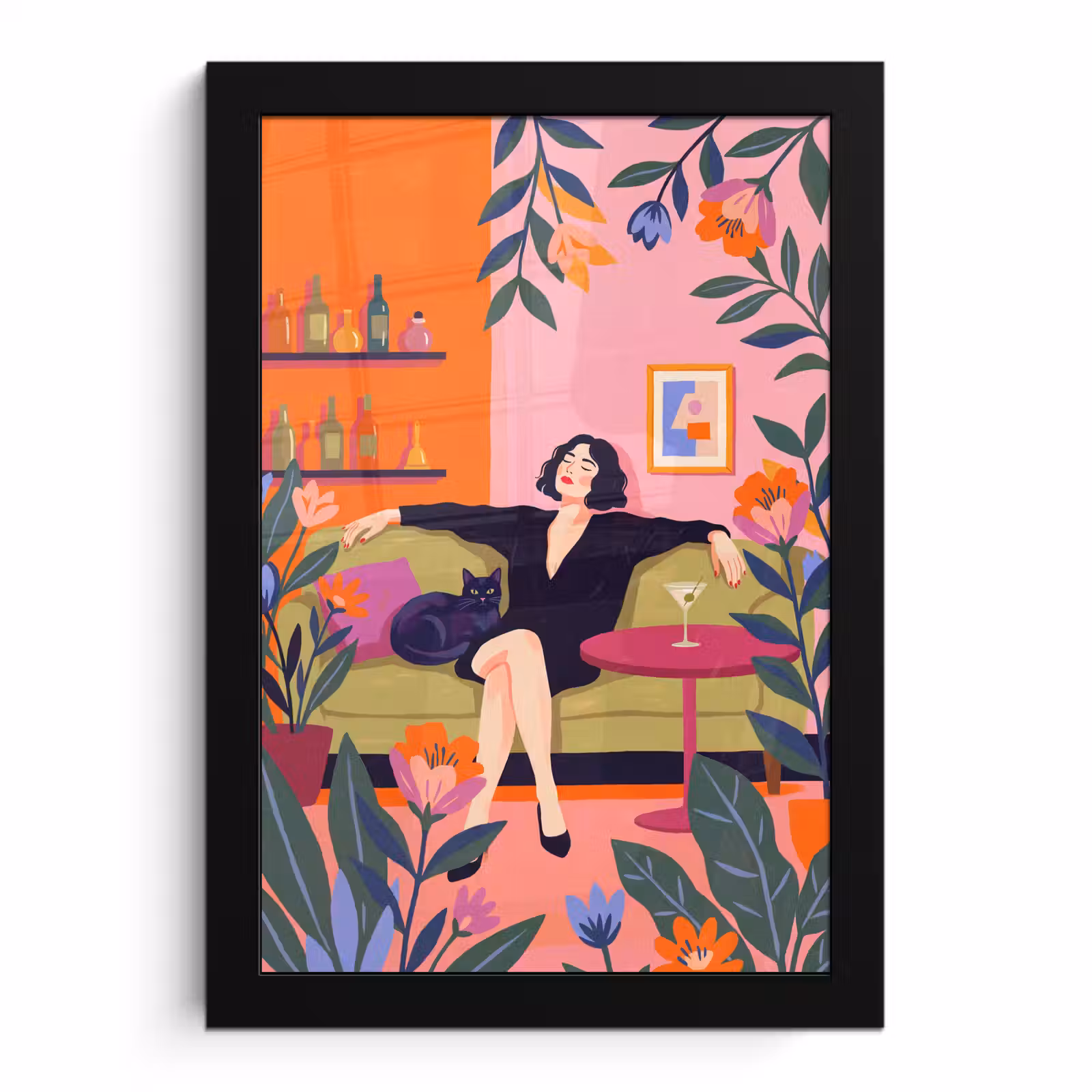 Poster met lijst - Vrouw - Kat - Interieur - Modern - Kleurrijk — 1