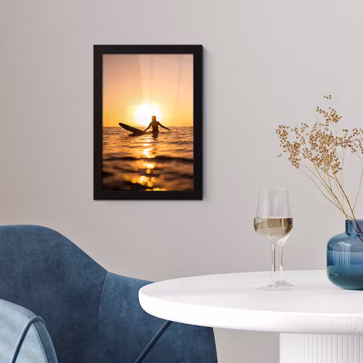 Poster met lijst - Persoon - Surfen - Zonsondergang - Zee - Oranje — 2